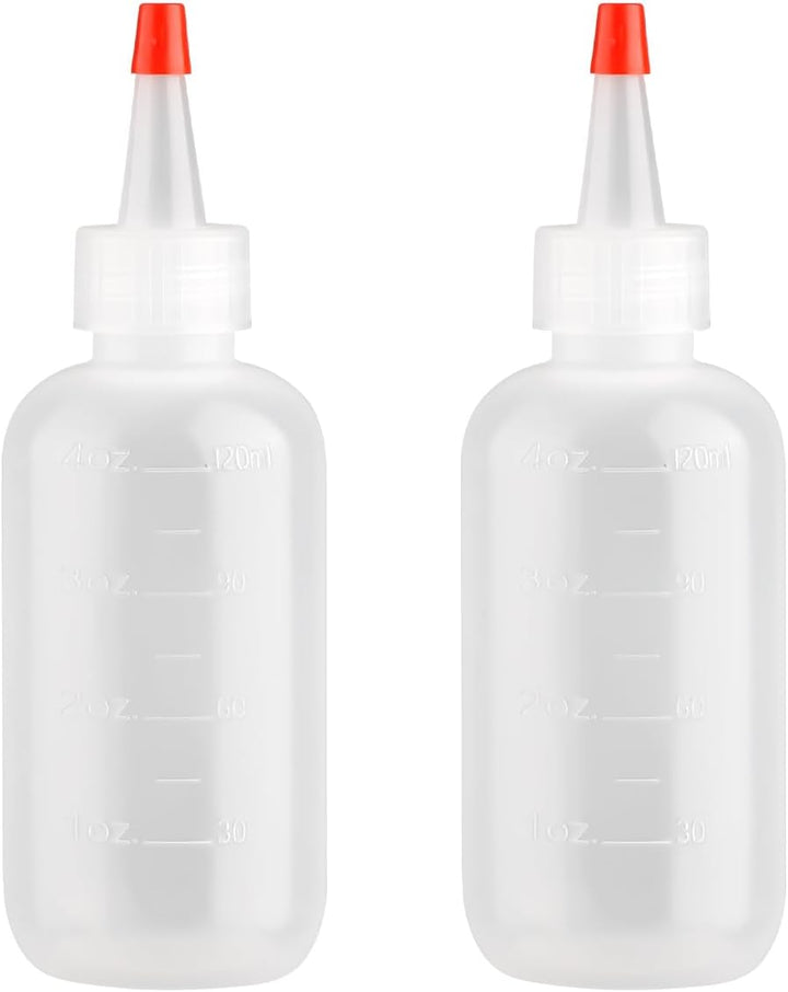2 Pcs 120Ml Reusable Squeeze Bottles with Nozzles – Leak-Proof Portable Applicator for Shampoo, Crafts, Travel | Graduated, Eco-Friendly PE Plastic (Red Caps)