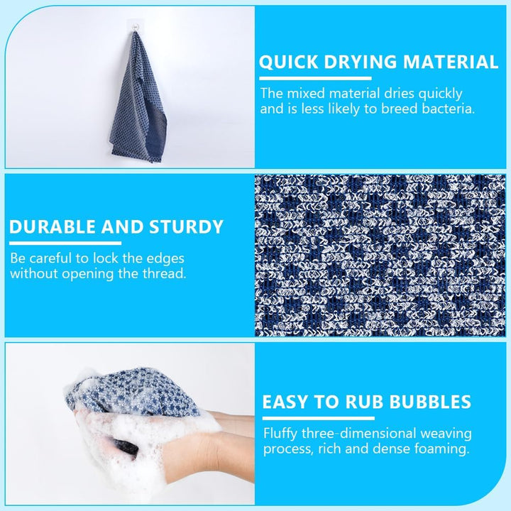 2 Pcs Long Exfoliating Washcloth, Extra Long Exfoliating Body Towel, Deep Exfoliating Towel Natural Body Exfoliator Bath Scrub Loofah, Cleaning Dirt and Dead Skin for Men Women (Black+Blue Grid)