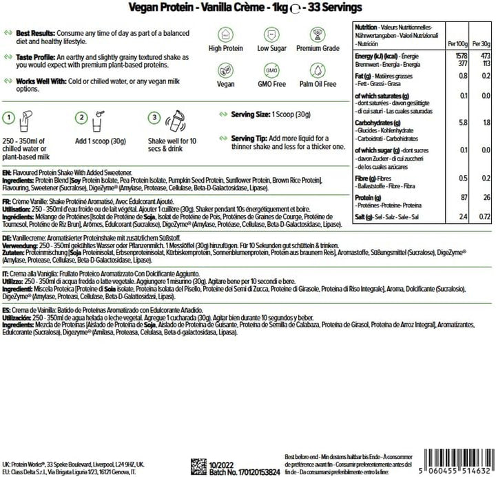 Protein Works - Vegan Protein Powder, Vanilla Crème, 33 Servings, 100% Plant Based & Natural, Premium Multi-Protein Blend, Low Fat Shake, Low Calorie Shake, 1Kg