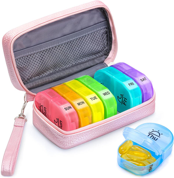 Pink PU Leather Bag Pill Boxes 7 Day 2 Times a Day, Large AM/PM Pill Box Organiser with Portable Zipper Leather Bag for Holding Supplements, Vitamins and Fish Oils