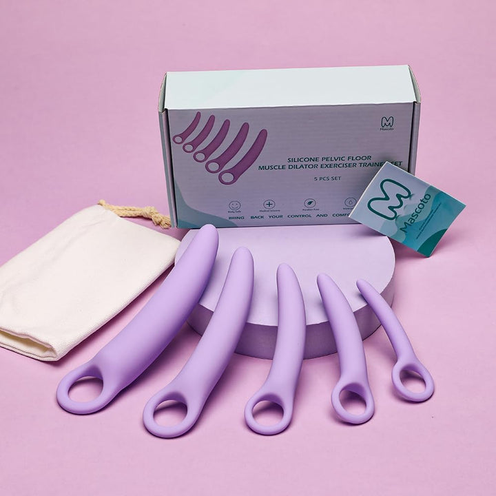 Pelvic Floor Trainer Set by Moscoto®, 5-Piece Set for Beginners to Advanced, Soft Silicone Muscle Dilators, Complete with Cotton Travel Pouch
