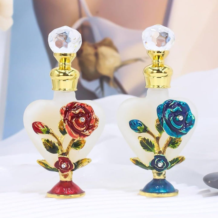 Decorative Refillable Empty Bottles,Metal Base Heart-Shaped Rose Essential Oil Glass Bottle for Home Decor (Style 1)