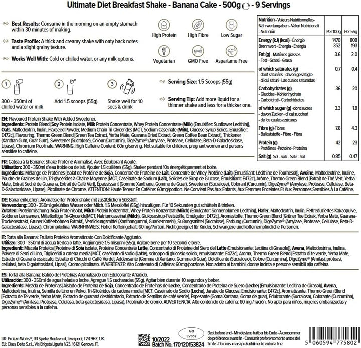Protein Works - Ultimate Diet Breakfast Shake, On-The-Go Healthy Weight Loss Meal Replacement, Added Caffeine, Low Calorie, Low Sugar, Banana Cake, 9 Servings, 500G