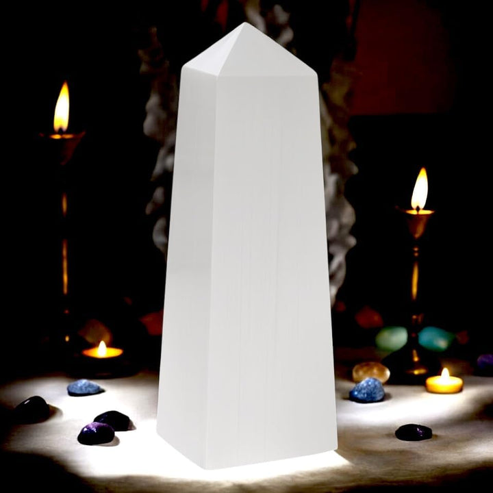 Selenite Crystal Lamp Handmade Natural White Selenite Tower Lamp Spiritual Healing Cleanse and Recharge Crystals Table Lamp Meditation Mineral Decoration Gift (30 Cm)