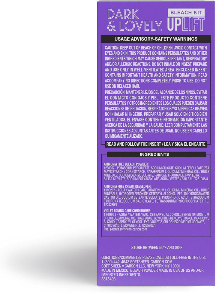 - Carson Dark and Lovely Uplift Hair Bleaching Kit for Dark Hair, Bleach Blonde Hair Dye Kit Includes Hair Bleach Powder, Cream Developer and Hair Toner, Bleach Blonde, 1 Kit