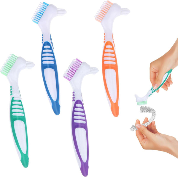 Denture Brush - 4 Pcs Double Bristle Head Toothbrush, False Teeth Brush for Cleaning Retainers (Blue, Purple, Green, Orange)