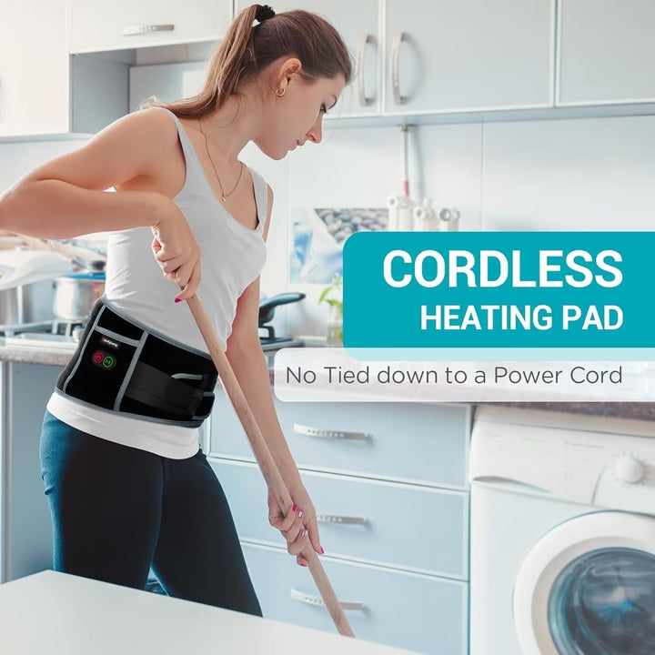 Cordless Back Heat Pad with Massager for Pain Relief, Portable Heated Warmer with Dual Adjustable Straps, Waist Belt for Period, Lower Back Massager, 3 Heating Levels with 30Mins Auto-Off
