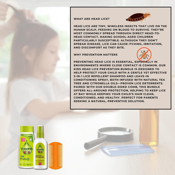 Vosene Head Lice Repellent Bundle – Kids 3-In-1 Head Lice Repellent Shampoo (250Ml), Leave-In Conditioning Repellent Spray (150Ml) & Nit Comb – Natural Lice Protection with Tea Tree & Citronella Oils