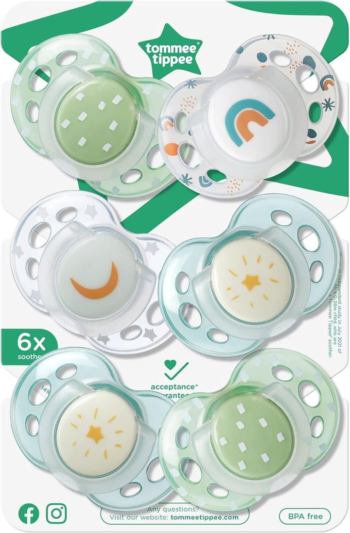 Nighttime Soothers, 18-36M, 6 Pack, Glow in the Dark, Varied Colours and Designs, Symmetrical Orthodontic Dummy, Bpa-Free Silicone Teat