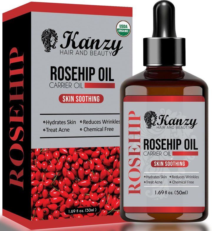 Kanzy Rosehip Oil for Face 120Ml Rosehip Oil Organic Cold Pressed Rose Hip Oil for Face 100% Pure Vegan Cruelty Free for Skin, Hair, Nails, and Body for Nourishment, Dryness, Fine Lines and Scars