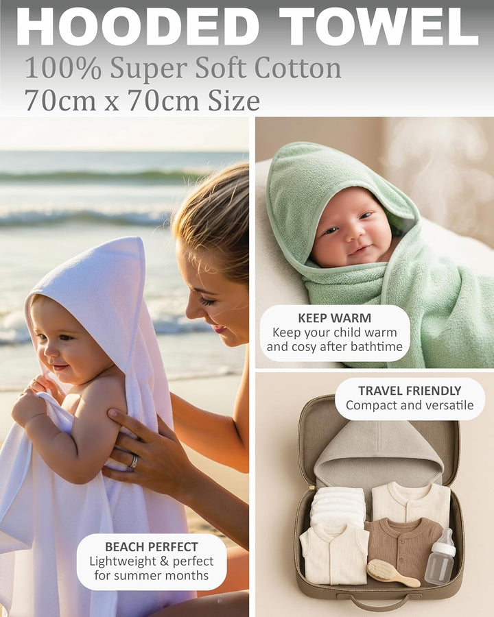Newborn Essentials 100% Cotton Embroidered Hooded Baby Towel 70 X 70Cm for Baby Boys and Girls 0-24 Months (2-Packs)