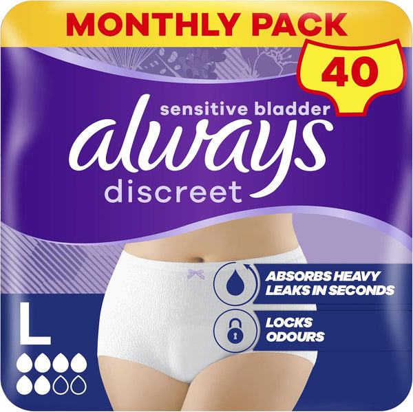 Incontinence Pants Women Large, UK Size 16-22, White, Absorbency 5, 40 Disposable Underwear , Knickers (10 X 4 Packs), Heavy Bladder Leak Protection , Maternity Postpartum Pants