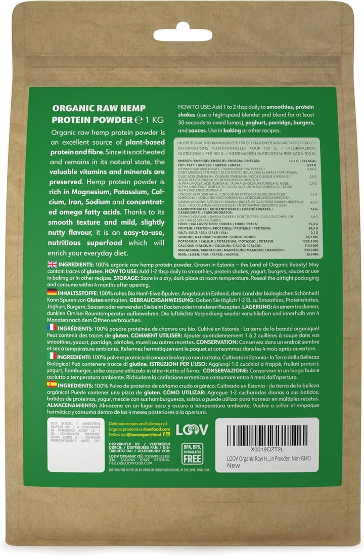 Organic Raw Hemp Protein Powder, 1Kg, 50% Protein, Nutrients Preserved, Delicious Nutty Flavour, Organically Grown in Nordic Climate, Plant-Based Vegan Protein Powder, Non-Gmo