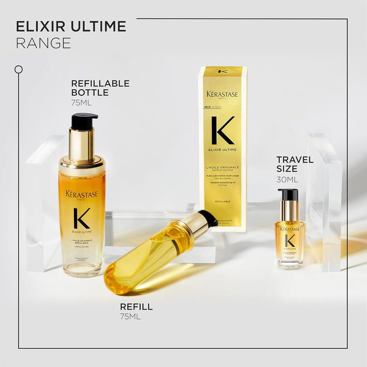 Kérastase Elixir Ultime Hair Oil, Nourishes Dull Hair, for All Hair Types, Strengthens and Protects Hair from Heat, with Argan and Camellia Oil, L'Huile Originale