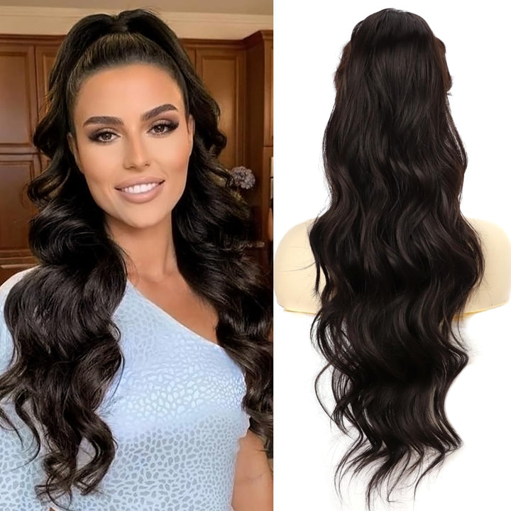Long Wavy Ponytail Hair Extension for Black Women Drawstring Ponytail Hair Extensions Clip in Black Curly Synthetic Hairpiece