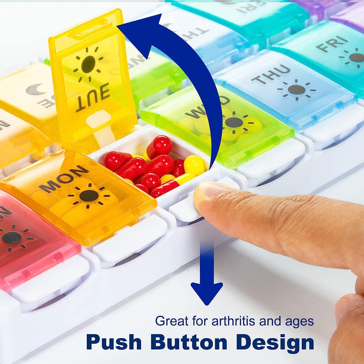 7 Day Pill Organiser 2 Times a Day, Weekly Pill Box Push Button 2 in 1 Design, Large Tablet Box for Travel, BPA Free Daily Pill Case, Pill Boxes 14 Day for Vitamin/Fish Oil/Supplements/Medication