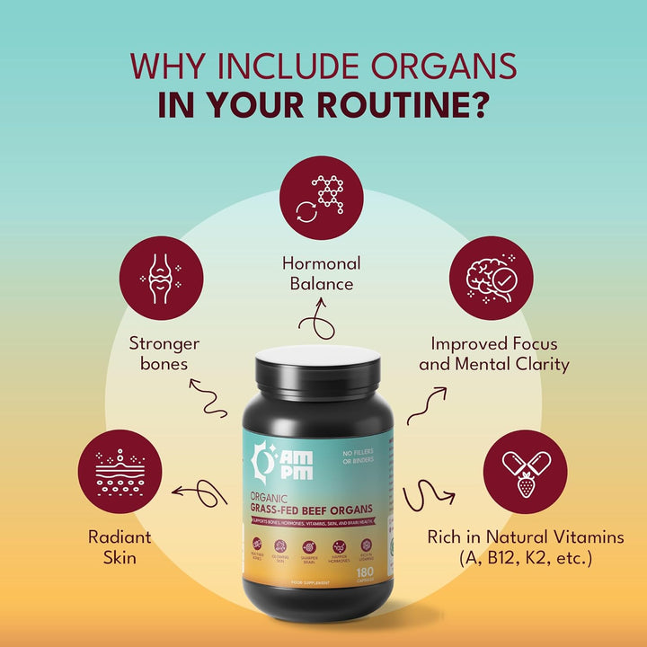 Organic Grass-Fed Beef Organs Proprietary Blend of Liver, Heart, Kidney, Pancreas, Spleen, Freeze-Dried Beef 180 Capsules, No Fillers or Binders