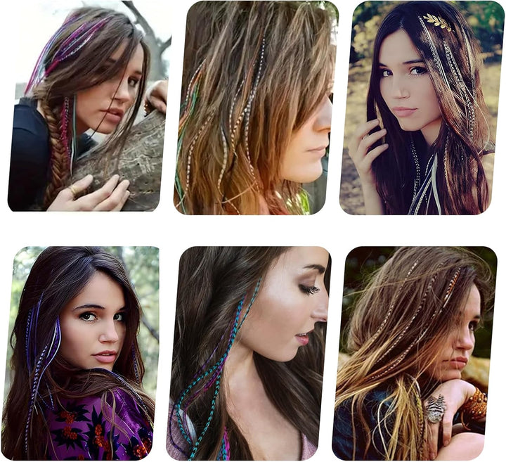 50 Pcs Feather Hair Extensions, Colorful Hairpieces Feathers with 100 Micro Beads, Pliers and Hook, Synthetic Hair Extensions Kit for Women Girls Party Festival Cosplay