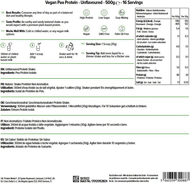 Protein Works - Vegan Pea Protein, Unflavoured, Premium Vegan Protein, Pea Protein Isolate, 24G Protein per Serving, Low Fat, Low Carbs, 100% Plant-Based & Natural, 16 Servings, 500G