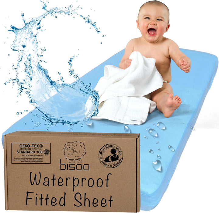 Toddler Bed Waterproof Fitted Sheet 130 X 80 / 32X52-2In1 Fitted Sheet Mattress Protector Made of 100% Jersey Oeko-Tex + PU for Junior Cot Bed - Soft & Silent - White