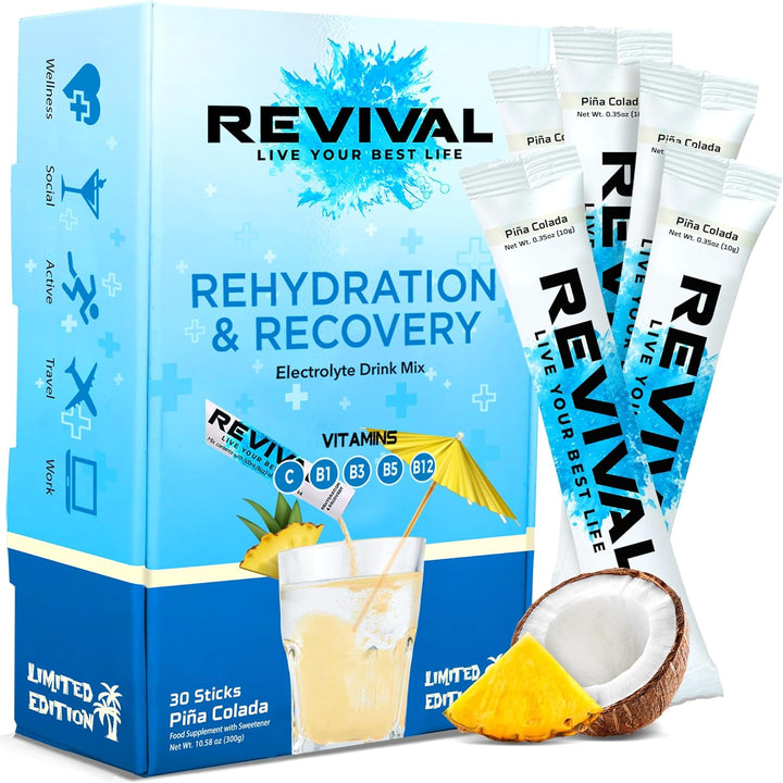 Revival Rapid Rehydration Electrolytes Powder - High Strength Vitamin C, B1, B3, B5, B12 Supplement Sachet Drink, Effervescent Electrolyte Hydration Tablets - 12 Pack Assorted Flavours