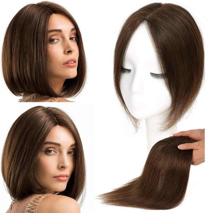 Hair Toppers with Thinninghair 100% Real Human Hair Topper for Women 10Inch Medium Brown Mix Blonde with Dark Brown Root Toppers 120% Density Top Toppee for Thinninghair4T427