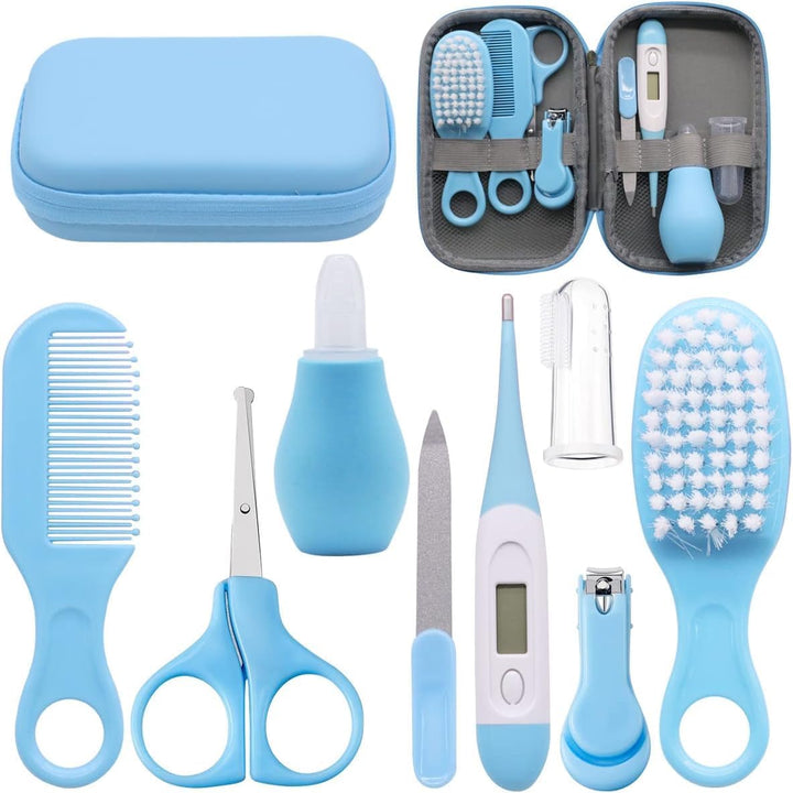 GUGU Baby 8 in 1 Baby Grooming Kit Newborn Baby Care, Blue or Pink, Baby Hair Nail Thermometer Care Set, Baby Healthcare Set for Infant, Toddler Girls & Boys Manicure Set (Blue)