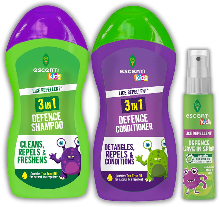 Escenti Kids Head Lice Treatment Defense Kit: Head Lice Shampoo, Tea Tree Conditioner & Leave-In Head Lice Prevention Spray for Kids Bundle by