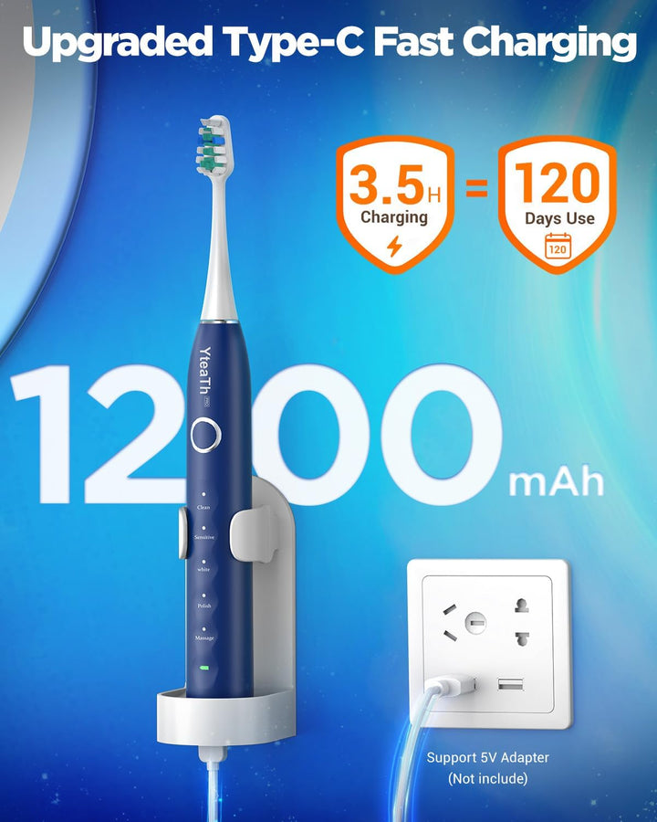 Sonic Electric Toothbrush for Adults and Kids - Sonic Toothbrush with 8 Toothbrush Heads (3 Types) and 5 Modes, 120 Days Battery Life, 50000 VPM, Travel Case and Wall Holder, 2 Minute Timer, USB C