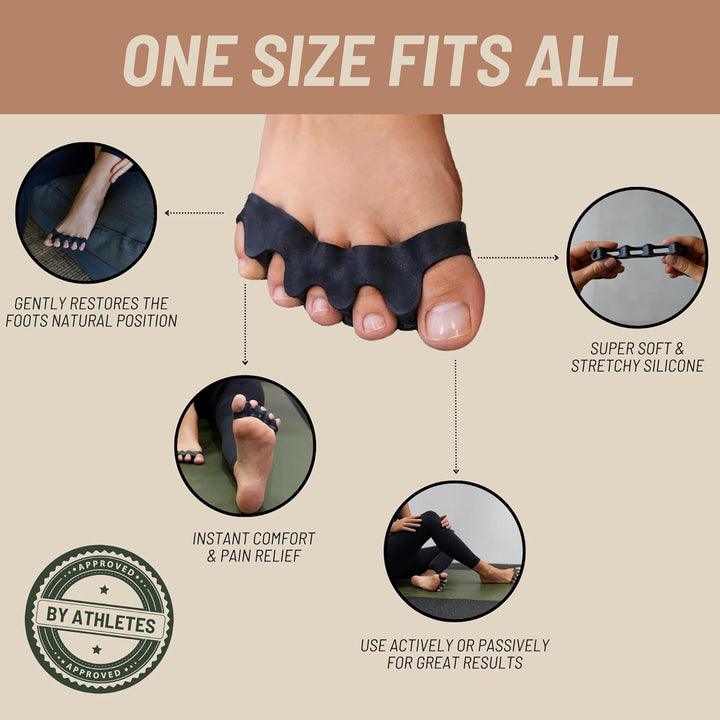 Toe Separator - 1 Pair Gel Toe Spacers for Overlapping Toes - Foot Realignment - Silicone Toe Straighteners for Bent Toes, Bunion Correction Toe Correctors, Toe Spreaders (Black, O/S)