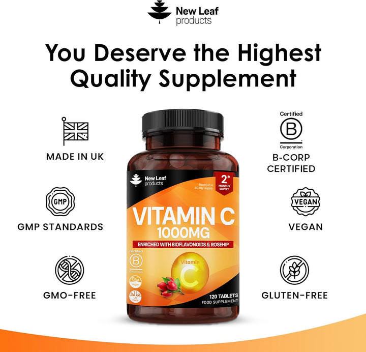Vitamin C Tablets 1000Mg - Enriched with Bioflavonoids & Rosehip - Premium Vitamin C Supplements - Vegan Tablets High Strength Ascorbic Acid VIT C for Normal Immune System UK Made