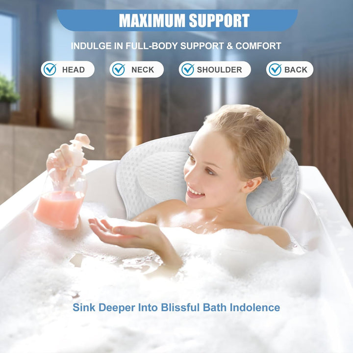 Bath Pillow - Non-Slip Luxury Head/Neck Support, 4D Air Mesh & 6 Suction Cups, Soft Bathtub Cushion Spa Gift (Butterfly White)