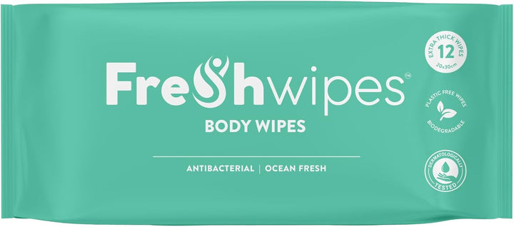 Antibacterial Body Wet Wipes for Adults 1 Pack (12 Wipes) - Coconut Scent - Extra Large Biodegradable - Dermatologically Tested & Suitable for the Elderly or Disabled - Great for Camping