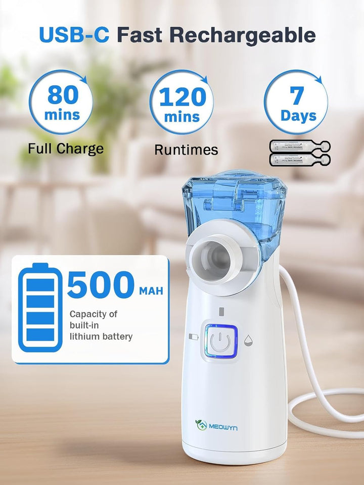 Nebuliser Machine for Adults & Kids, USB-C Rechargeable Nebuliser with Portable Design, Easy to Use & Clean, Silent, Efficient Atomization for Home Use (Full White)