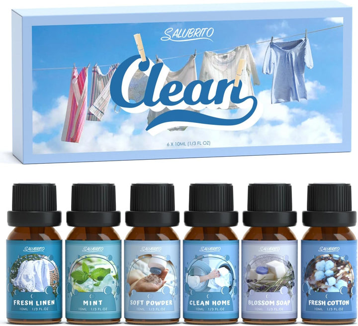 Clean Essential Oils Set, Fresh Cotton, Clean Home, Fresh Linen, Soft Powder, Blossom Soap, Mint Scented Oils for for Diffuser, Candle, Soap Making