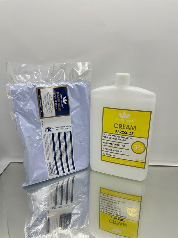 Hair Bleach Kit – Blue Bleach Powder 80G + Cream Peroxide 3% 10 Volume 250Ml – Professional Hair Lightening, Highlighting & Hair Coloring Kit for Salon & Home Use by ETERNAL BEAUTY