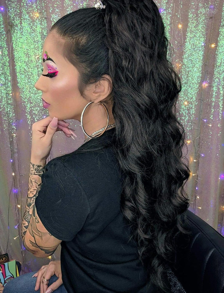 Long Wavy Ponytail Hair Extension for Black Women Drawstring Ponytail Hair Extensions Clip in Black Curly Synthetic Hairpiece