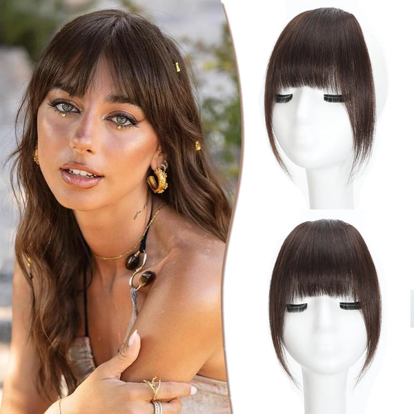 Clip in Fringe - Bangs Hair Clip in Bangs 100% Real Human Hair Extensions Clip on Air Bangs for Women Fringe with Temples Hairpieces Curved Bangs (Dark Brown, French Bangs)