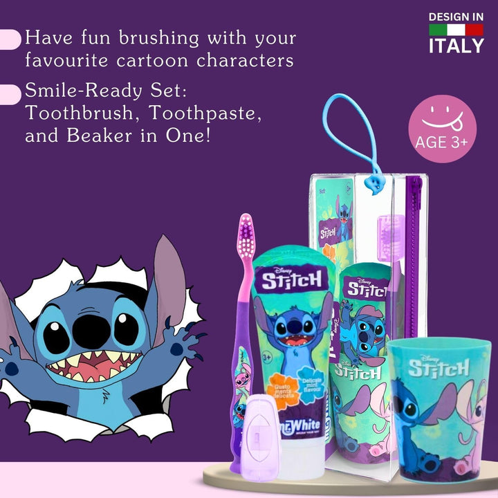 Disney Stitch Kids Toothbrush Set - Soft-Bristle Toothbrush with Suction Cup & Protective Cap, Mint-Flavoured Toothpaste, and Multi-Purpose Beaker | Travel-Ready Oral Care Kit for Children Ages 3+