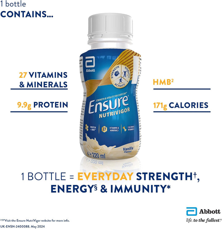 Ensure  Nutritional Shake – Vanilla Flavour – 12 X 220Ml – Boosts Energy – Ready-To-Drink – Food Supplement with Protein, HMB And27 Vitamins and Minerals