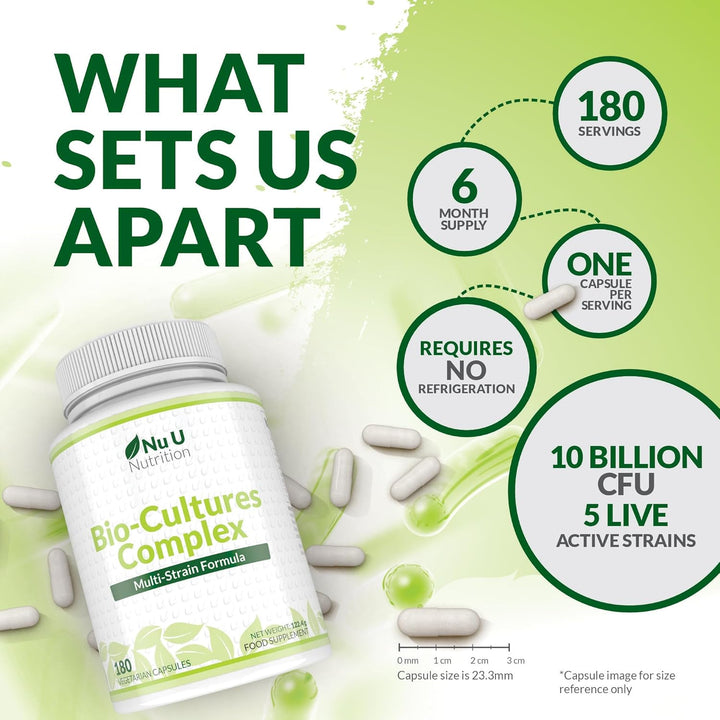 Bio-Cultures Complex - 180 High Strength Capsules - Lactobacillus Acidophilus, Rhamnosus & Bifidobacterium - 6 Month Supply - Gentle Vegetarian Multi-Strain Formula for Men & Women -