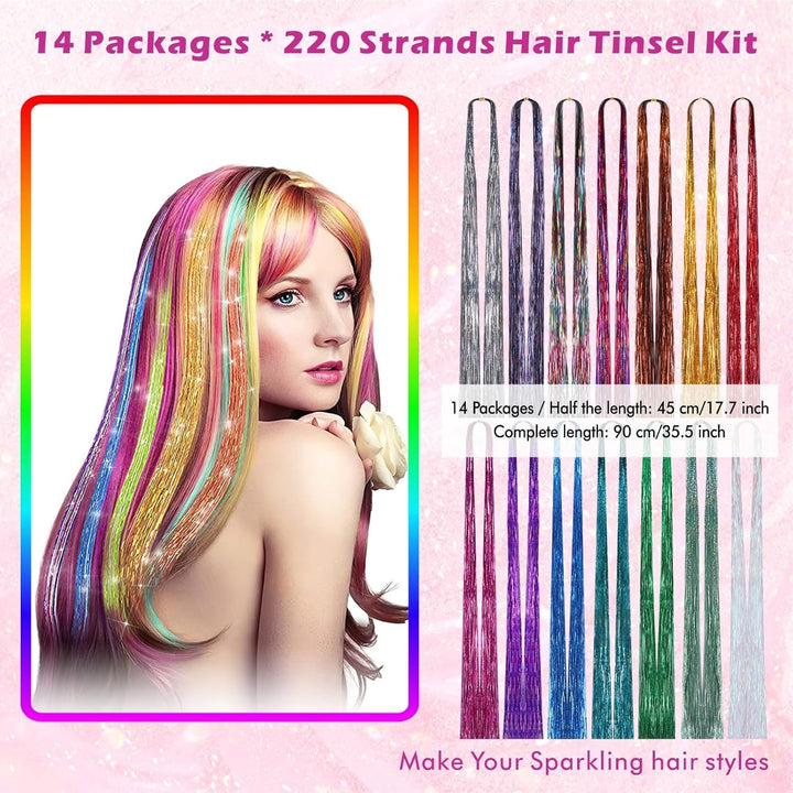 14 Colors 4200 Strands Hair Tinsel, 35.5 Inches Hair Glitter Strands Shiny Colorful Straight Hair Extensions for Women Girls Party Cosplay Rainbow, Hair Tinsel Kit (No Tools)