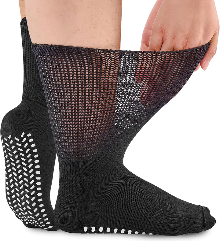 Diabetic Grip Socks for Men Women, Extra Wide Soft Top for Swollen Feet Ankles, Non-Slip Breathable Hospital Slipper Sock