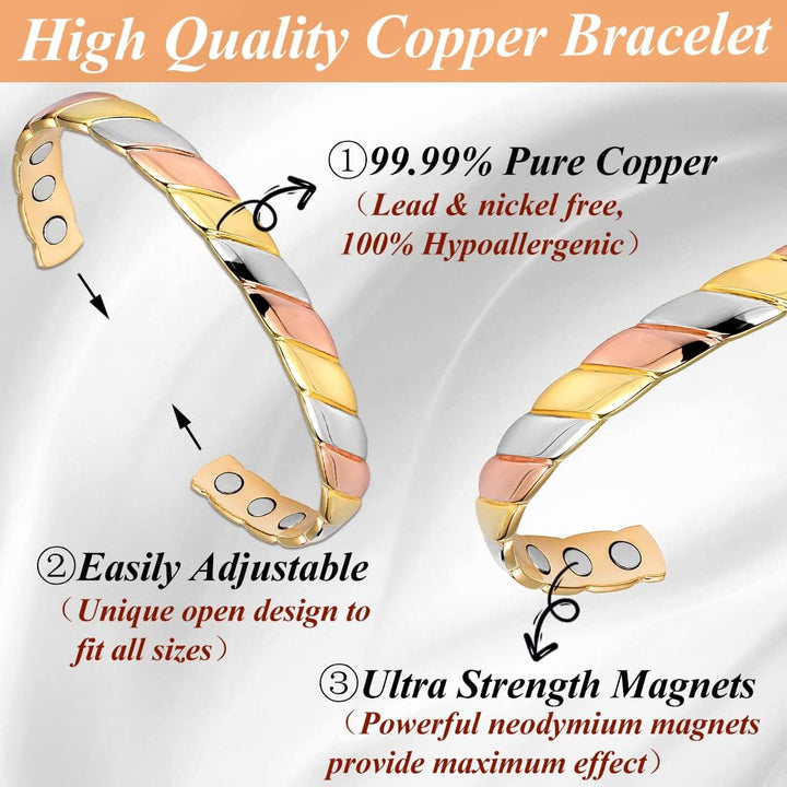 Lymphatic Drainage Copper Bracelet for Women Ultra Strength Magnet Solid Pure Copper Magnetic Bracelet Adjustable Cuff Bangle with Present Box (Tricolour Pattern)
