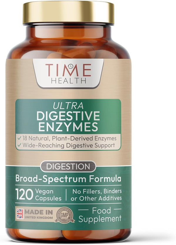 Ultra Digestive Enzymes Complex – Natural & Comprehensive 18 Enzyme Formula – for Bloating Relief, Regular Movements and Overall Digestion – 120 Capsules – UK Made – Zero Additives