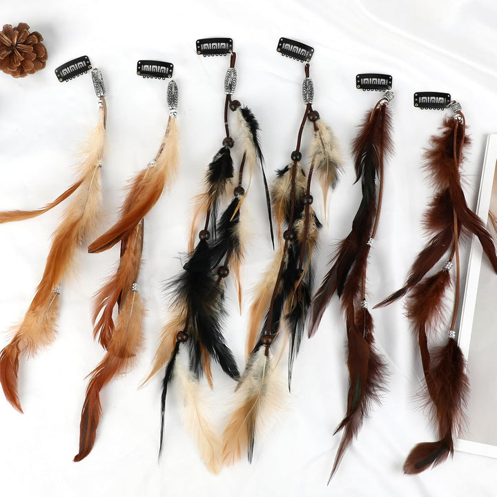 6Pcs Feather Hair Clips, Boho Extensions with Clip Comb, Hippie Accessories for Women, Indian Tassels Beads Feather Piece, Handmade Festival Headdress