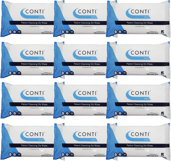 Conti Soft - Patient Cleansing Dry Wipes, Everyday Cleaning, Ideal for Sensitive Fragile Skin, Wipe Size 32Cm X 30Cm, 100 Wipes per Pack - 12 Pack
