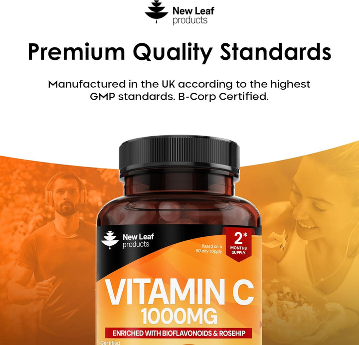 Vitamin C Tablets 1000Mg - Enriched with Bioflavonoids & Rosehip - Premium Vitamin C Supplements - Vegan Tablets High Strength Ascorbic Acid VIT C for Normal Immune System UK Made