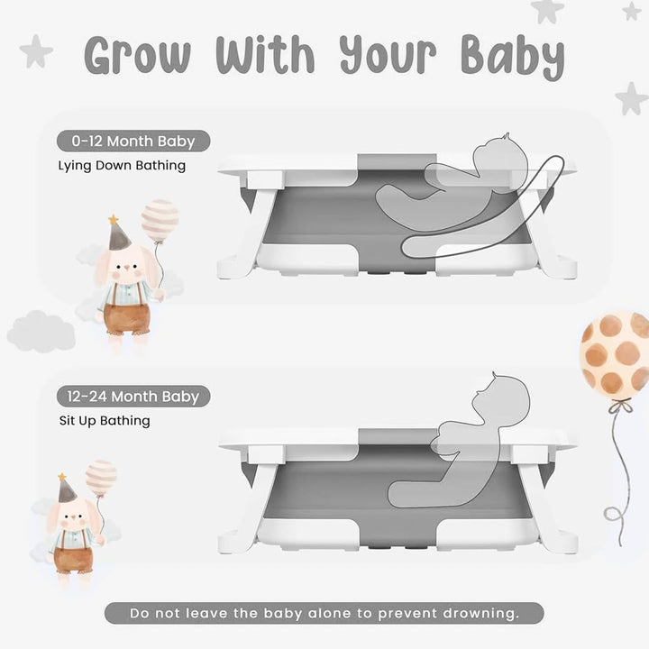 Collapsible Baby Bath Tub with Thermometer - Baby Bath Support for Newborn Bath - Portable Bathtub with Drain Plug for Travel - anti Slip Tub with Shower Jug and Toy 0-24 Months (Grey)