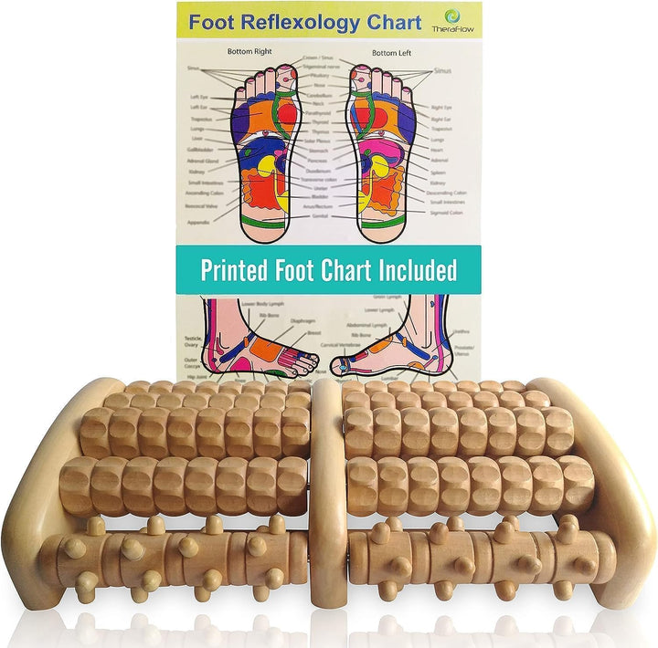 Wooden Foot Massager Roller - Acupressure Plantar Fasciitis Massager, Wellness & Walking Gifts for Women & Men, Foot Massagers for Pain and Circulation (Plus Reflexology Chart)